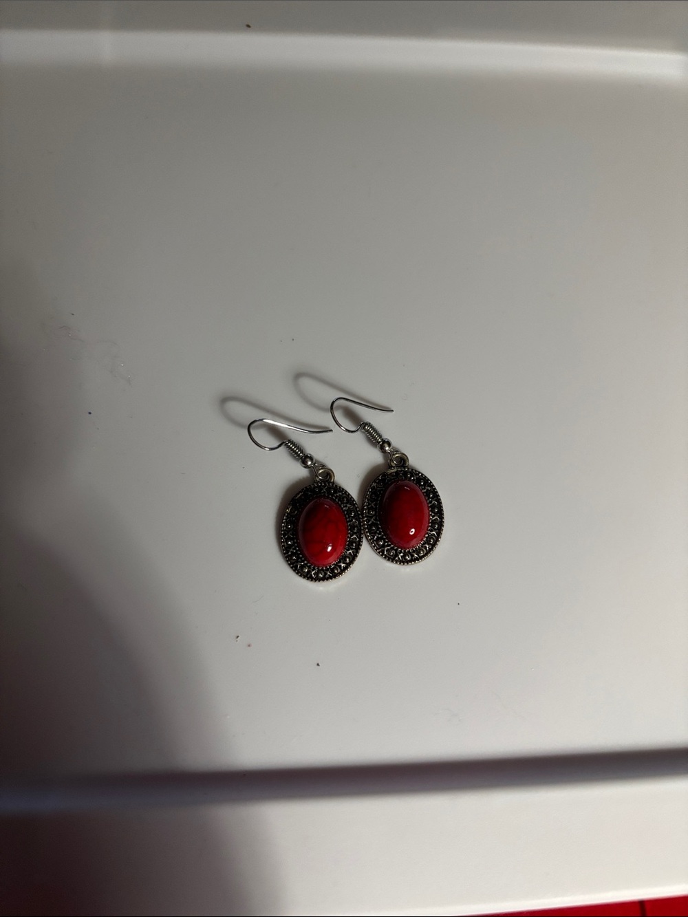 Red Oval Drop Earrings with Silver-Tone Filigree